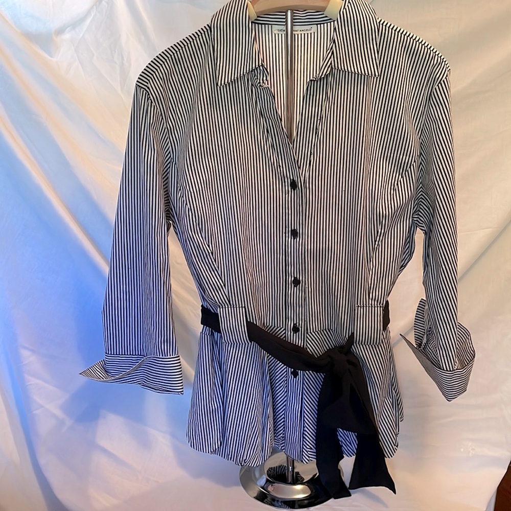 Womens Giorgio Santa Angelo Peplum Shirt B&W Stripe Size XL Silky Blk Belt